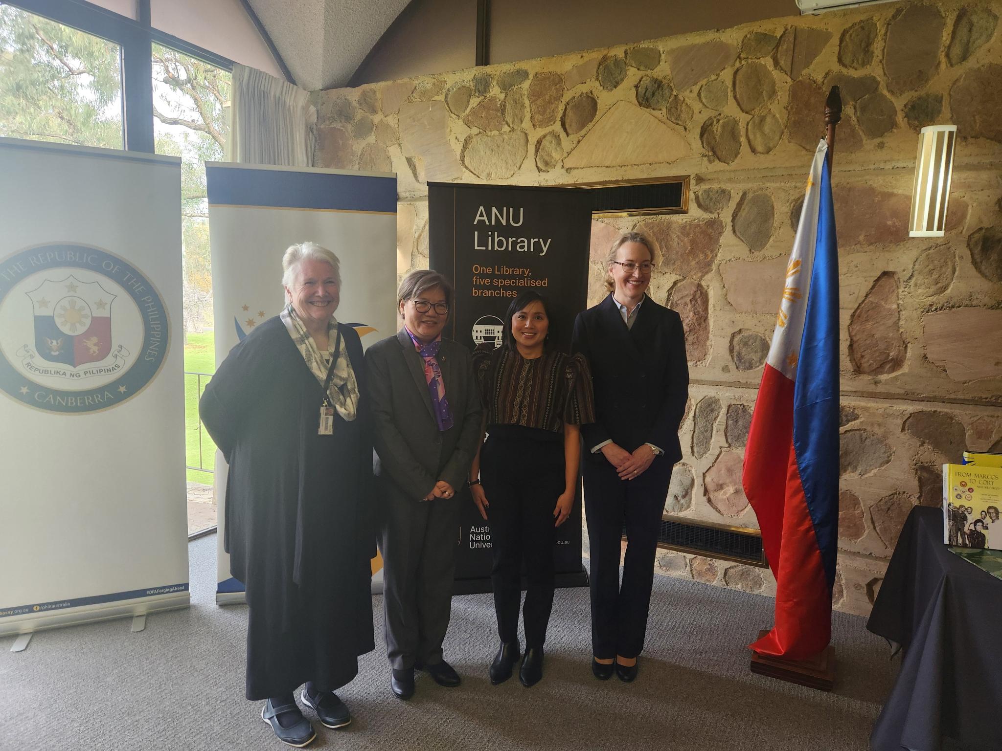 [L-R: Ms Roxanne Missingham, ANU University Librarian; Her Excellency Mrs Ma. Hellen Barber De La Vega, Ambassador of the Philippines; Dr Maria Tanyag, Deputy Director of the ANU Philippine Institute; and Ms Jane Duke, Assistant Secretary South East Asia Maritime Branch, Office of South East Asia from the Department of Foreign Affairs and Trade]