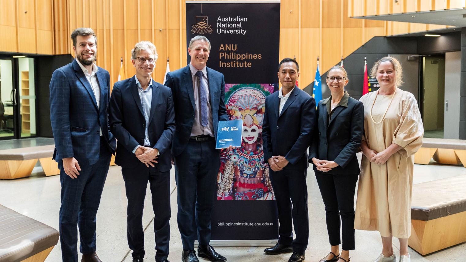 Cyber ASEAN Seminar panellists and speakers group photo from left to right: Bart Hogeveen, Bjoern Dressel, Hugh Watson, Mark Manantan, Amanda H A Watson, Catherine Bridges