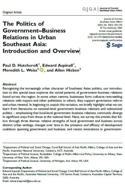 The Politics of Government–Business Relations in Urban Southeast Asia: Introduction and Overview